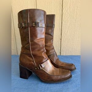 Vintage Indigo by Clarks Brown Leather Mid-Calf Heeled Boots with Buckle Detail